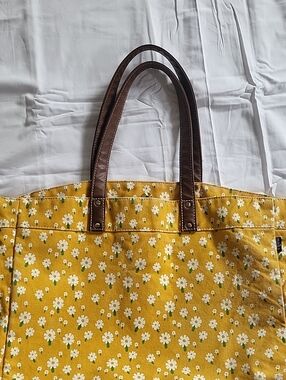 Maika Yellow Floral Canvas Tote Bag with Brown Handles
